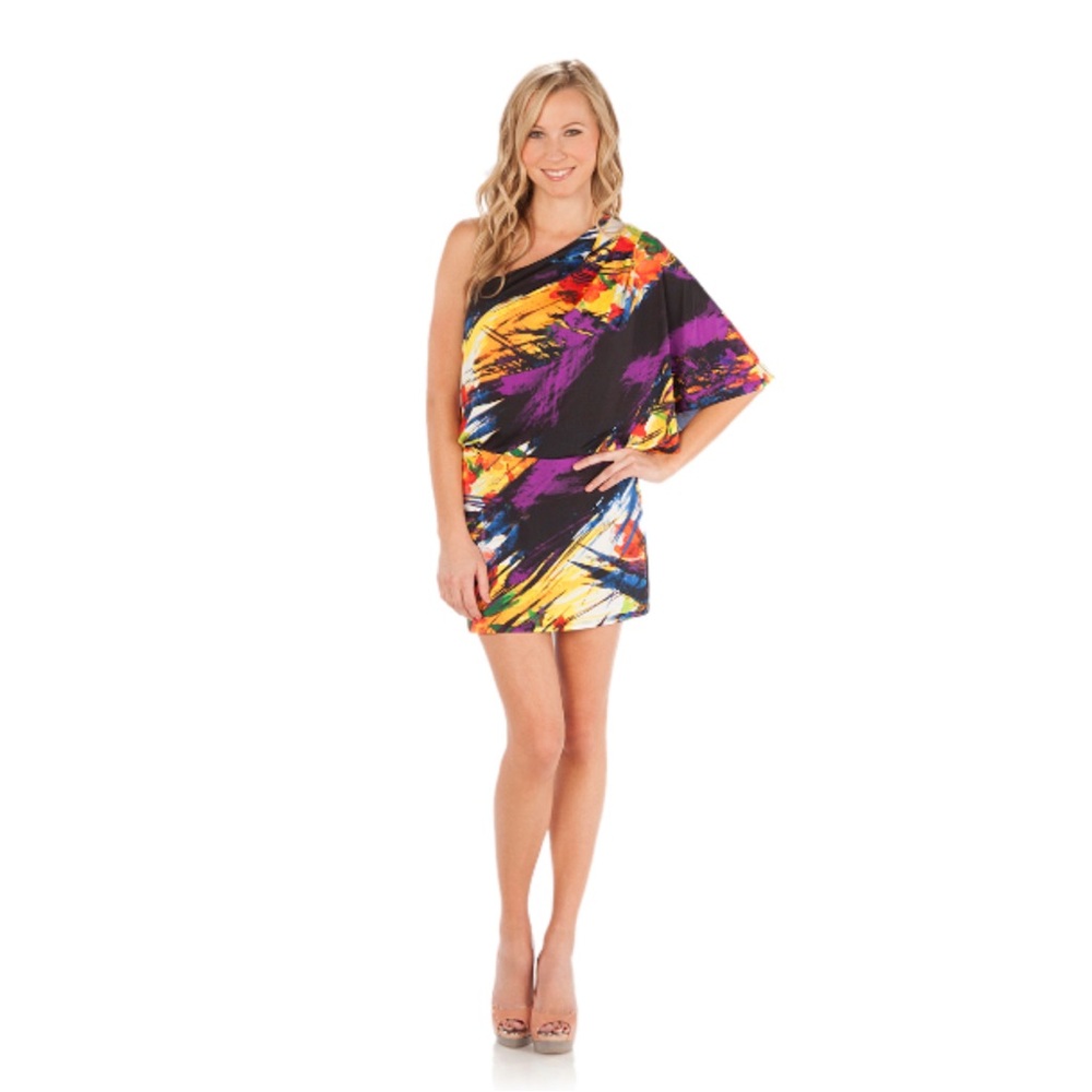 Jessica Simpson One-Shoulder Dress in Purple, Yellow, and Black size 2X